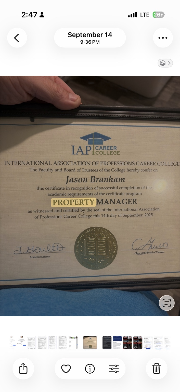 Property Manager certificate awarded to Jason Branham by International Association of Professions Career College on September 14, 2025