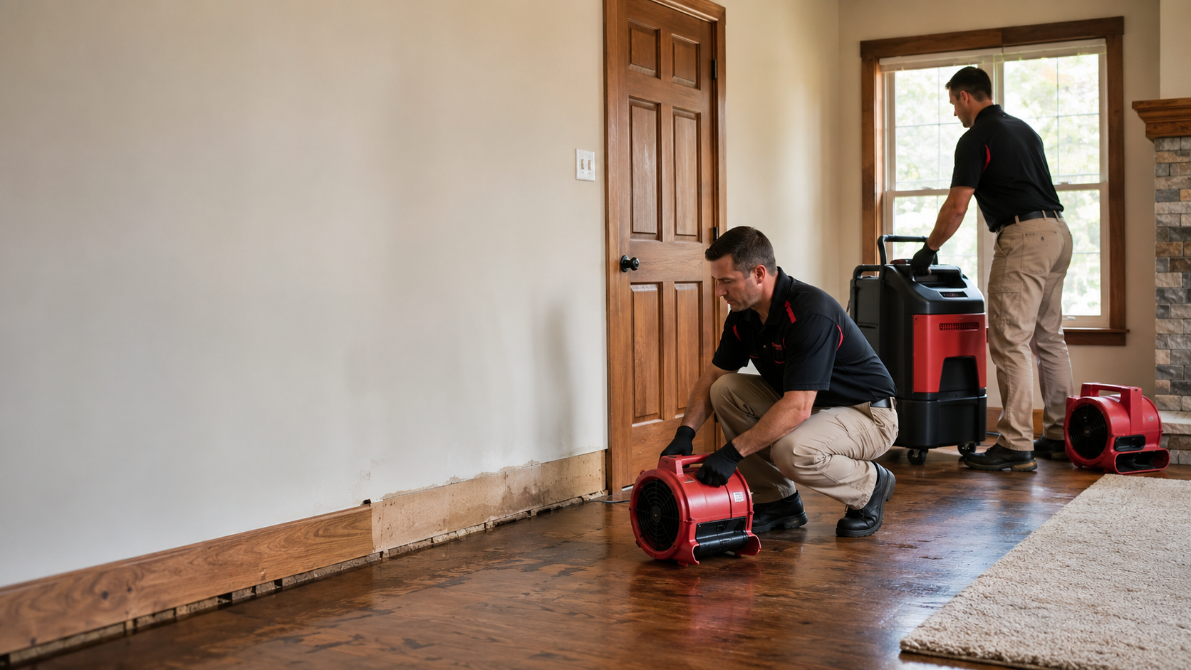 Professional restoration crew using drying equipment inside a water-damaged home